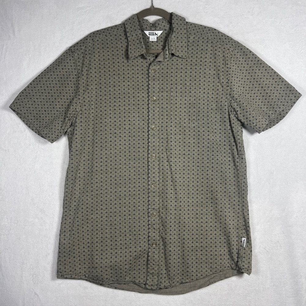 Eddie Bauer Mens Tall XL Short Sleeve‎ Button Down Shirt Khaki Tree Print Cotton